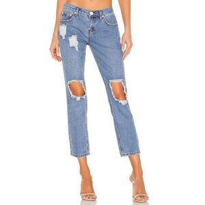 Super Down Revolve Angie Blue Mid Low Rise Distressed Ripped Girlfriend Jeans